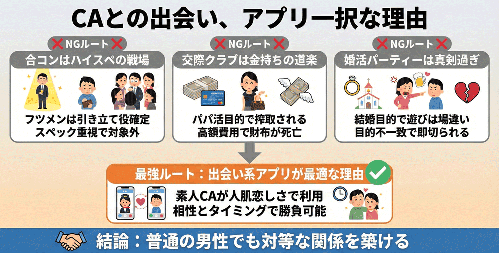 CAと出会う手段は？合コンや交際クラブより「アプリ」が最強な理由